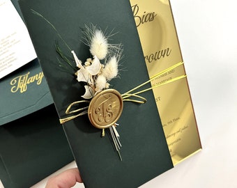 Gold Foil Acrylic Wedding Invitation Set: Green Paper, Wax Seal
