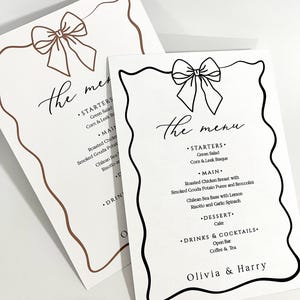 Menú de boda con lazo, menú de boda, tarjeta de menú con lazo, menú con garabatos, estilo francés editable, 350 g/m²