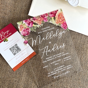 Juego de invitación de boda, invitación de boda acrílica + tarjeta RSVP, la invitación de boda floral se diseñará en colores especiales para usted.