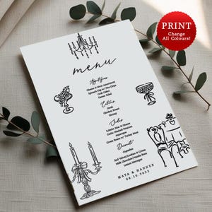 Plantilla de menú dibujada y escrita a mano, menú divertido para imprimir, menú garabateado en estilo francés editable, cartulina elegante con textura