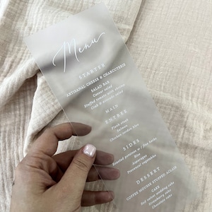 Acrylmenukaart, trouwmenu, acryl bruiloft detailkaart, acryl bruiloft receptiekaart, modern menu, elegant menu, mat acryl
