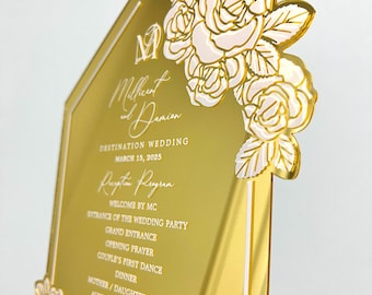 Spiegel goud acryl trouwmenu: bloemen gegraveerd, op maat gesneden