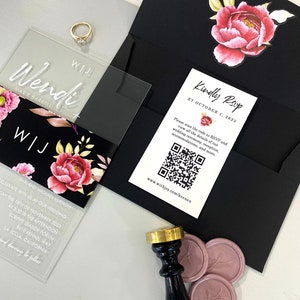 Convite de acrílico transparente para casamento de 1 mm + cartão RSVP + faixa de barriga + lacre de cera + conjunto de envelopes + frete grátis + design e cores especiais para você
