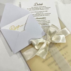 Ensemble d'invitations pour mariage en acrylique, feuille d'or, faire-part 1 mm en or miroir carte détaillée carte RSVP feuille brillante papier blanc et ruban cachet de cire image 4