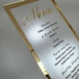 Frosted Acrylic Wedding Menu with Shiny Gold Border image 6