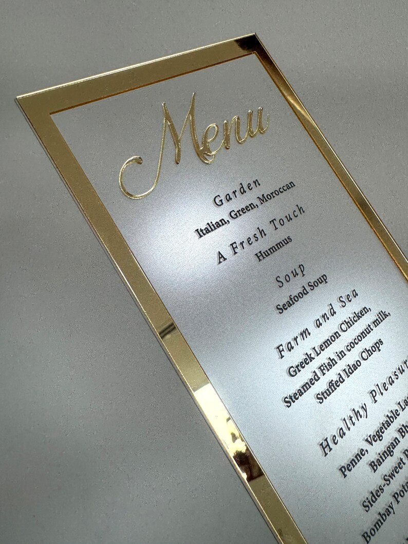 Frosted Acrylic Wedding Menu with Shiny Gold Border image 6