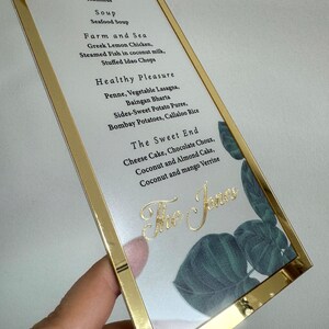 Frosted Acrylic Wedding Menu with Shiny Gold Border image 5