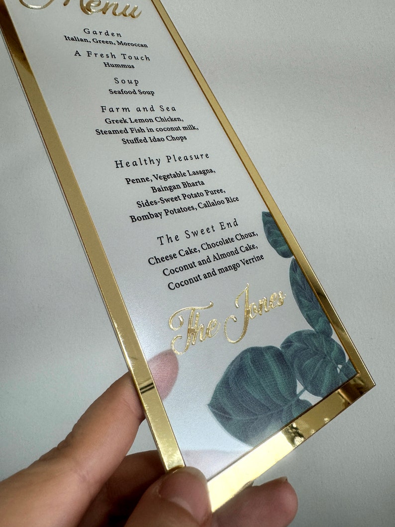 Frosted Acrylic Wedding Menu with Shiny Gold Border image 5
