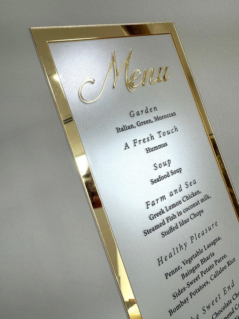 Frosted Acrylic Wedding Menu with Shiny Gold Border image 2