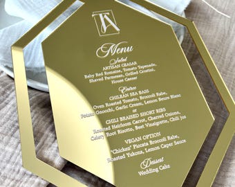 Aangepaste gouden spiegel acryl trouwmenu: unieke vorm, luxe evenementdecor