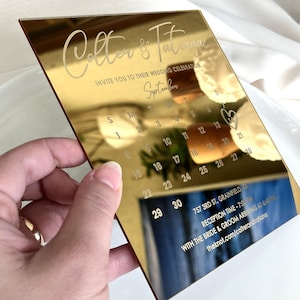 Hochzeit Save The Date Einladung, Save The Date Einladungen, Modernes Design, Einladungskarte, Gold / Silber / Schwarz Spiegel Acryleinladung