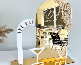 Gold Mirror Acrylic Wedding Bar Sign: Custom Floral Menu with Stand