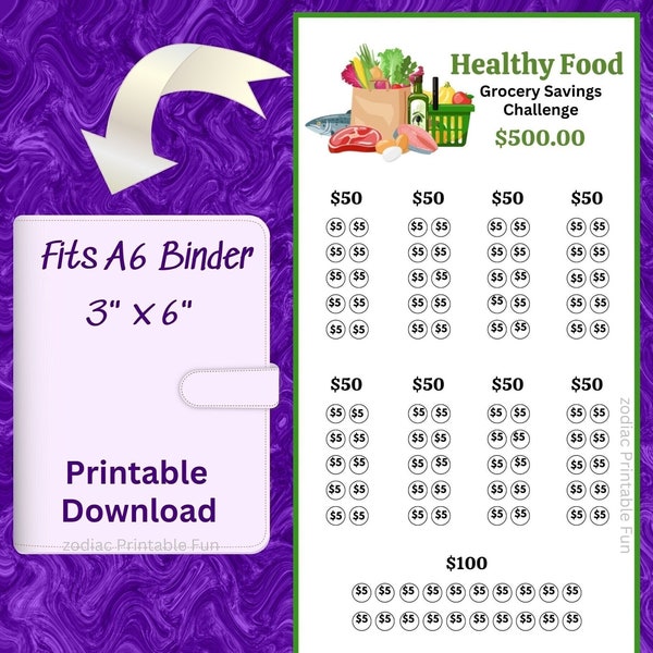 A6 Grocery Savings Challenge Printable Insert for Healthy Food Meal Planning for Healthy Diet Groceries Budget for Healthy Eating Menu Fund