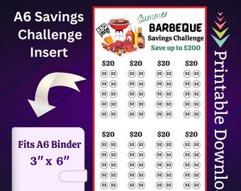 A6 Summer Barbeque Savings Challenge Printable for BBQ Grill Food Money Saving Sinking Funds for Family Reunion Party Cash Stuffing Tracker