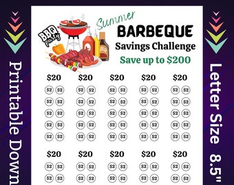 Summer Barbeque Savings Challenge Printable for BBQ Grill Food Money Saving Sinking Funds for Family Reunion Party Cash Stuffing Tracker