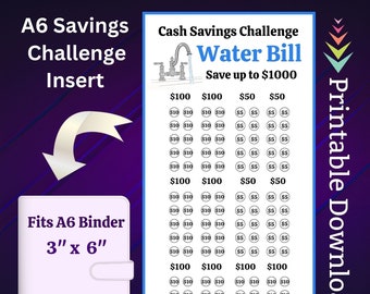 A6 Desafío de ahorro en facturas de agua Inserto imprimible para servicios públicos del hogar Ahorro de dinero Fondo de relleno en efectivo para la familia Rastreador de presupuesto de facturas de la casa