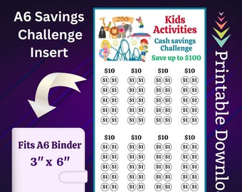 A6 Kids Activities Savings Challenge Printable for Family Fun Day Out Money Saving Sinking Funds for Vacation Trip Cash Stuffing Tracker