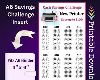A6 Printer Savings Challenge Printable for Home Office Money Saving Sinking Fund for College School Student Supplies Cash Stuffing Tracker