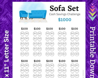 Défi d'économie de meubles imprimable pour la salle familiale à la maison pour le salon de la maison pour se détendre ensemble de canapé confortable pour le budget d'épargne à domicile