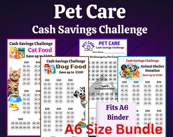 A6 Pet Care Savings Challenge Printable Bundle for Cat and Dog Supplies Money Saving Sinking Funds for Animal Health Care Cash Tracker Fund
