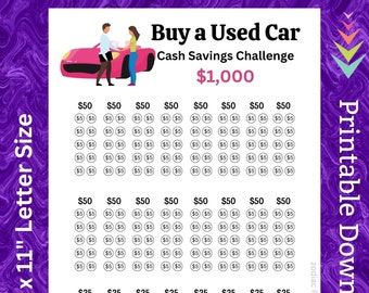 Puede incluir: Un gráfico imprimible para ayudar a ahorrar dinero para un coche de segunda mano. El gráfico se titula "Comprar un coche de segunda mano Desafío de ahorro 1.000 €". El gráfico tiene 20 filas de 10 círculos cada una. Cada círculo está etiquetado con 5 €. El gráfico mide 21,6 cm por 27,9 cm.