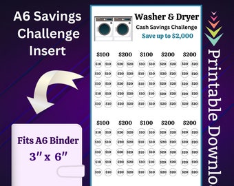 A6 Washer & Dryer Cash Savings Challenge Printable Budget Binder Insert for Home Laundry Room Machine Saving for Cleaning Clothes for Family