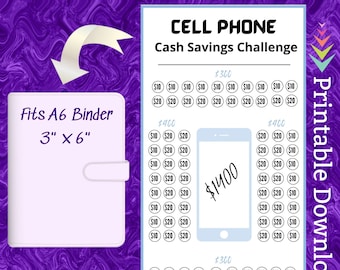 Carpeta de anillas A6 con diseño de desafío de ahorro para teléfonos inteligentes, imprimible, para el nuevo teléfono celular, para la familia, mamá, papá, niños, adolescentes, niñas, niños y hombres