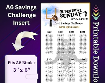 A6 Superbowl Savings Challenge Printable for Football Fans Money Saving Sinking Fund for Sunday Football Game Cash Budget Savings Tracker