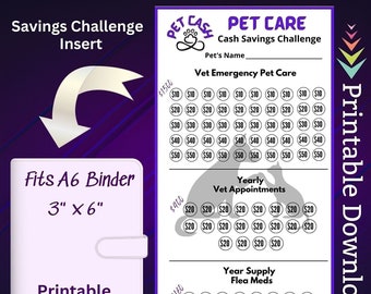 A6 Pet Care Savings Challenge Printable for Cat Dog Health Planner Cash Budget Tracker for Animal Veterinary Care Money Saving Sinking Fund