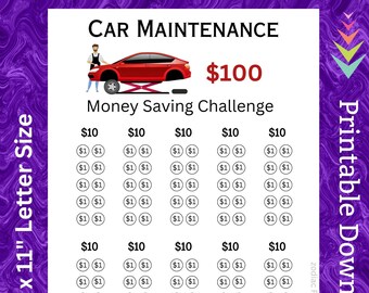 Car Maintenance Saving Challenge Printable for Auto Repair Cash Savings for New Tires for Emergency Vehicle Care Service for Driver