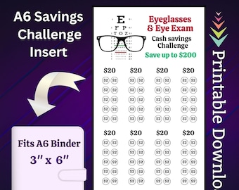 A6 Eyeglasses Savings Challenge Printable for Eye Exam Money Saving Sinking Fund for Vision Cash Stuffing Savings Tracker for Men Women Kids