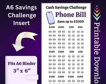 A6 Phone Bill Savings Challenge Printable for Cell Phone Service Money Saving Fund for Family Monthly Bill Cash Stuffing Budget Tracker