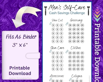 A6 Men Savings Challenge Inserto imprimible para hombres Cuidado personal Fondo de ahorro de dinero para hombres Cuidado de la piel, ropa, corte de pelo, aseo Presupuesto en efectivo