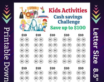 Kids Activities Savings Challenge Printable for Family Fun Day Out Money Saving Sinking Funds for Vacation Trip Plan Cash Stuffing Tracker