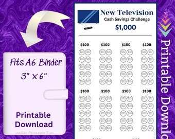 A6 TV Savings Challenge Printable Insert for Family Room Television Money Saving Fund for Teen Bedroom Home Entertainment Cash Tracker