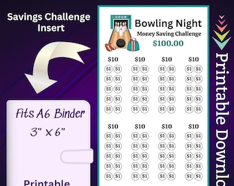 A6 Bowling Night Savings Challenge Afdrukbaar voor familiespel Avondje uit Geldbesparend fonds voor kinderen Verjaardagsfeestje Idee Cash Stuffing Tracker