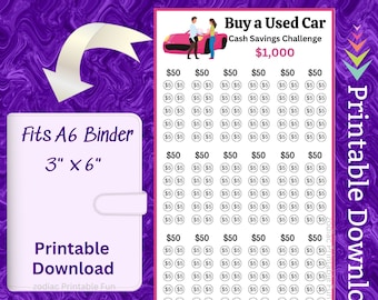Puede incluir: Planificador de ahorro imprimible para la compra de un coche de segunda mano. El planificador está diseñado para caber en una carpeta A6 de 7,6 cm por 15,2 cm. El planificador tiene un objetivo de 1.000 € e incluye espacios para registrar ahorros de 50 € y 25 €.