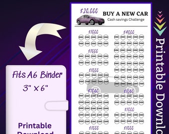 May include: A printable cash savings challenge chart to buy a new car, with a purple car graphic. The chart is designed to fit a 3" x 6" A6 binder and includes the text "Printable Download".