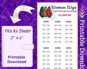 Op de afbeelding: Printbare cash savings challenge tracker voor een 6-ringbinder. De tracker heeft een ontwerp met drie vrouwen met verschillende kapsels en de tekst "Women Wigs Cash Savings Challenge € 1.000,00". De tracker bevat kolommen voor € 100, € 200 en € 100, met rijen voor € 10 en € 20.