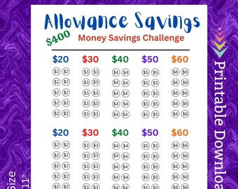 Kids Allowance Savings Challenge Printable for Children Budgeting Cash Savings Tracker to Teach kids to Save Money for Chores Earnings Pay