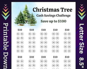 Christmas Tree Savings Challenge Printable for Holiday Evergreen Tree Shopping Money Saving Sinking Fund for Family Xmas Countdown Budget