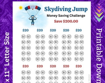 Skydiving Savings Challenge Printable for Skydiver Parachute Jump Money Saving Fund for Sports Cash Savings Tracker Budget for Men Women