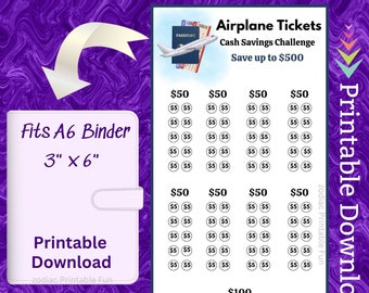 A6 Airplane Ticket Cash Savings Challenge Printable Budget Binder Insert for Family Vacation