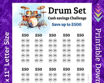 Drum Set Cash Savings Challenge Printable for Adult Drummer Gift for Teen 13th Birthday Present