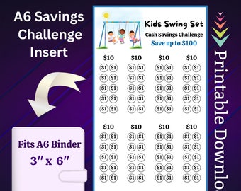 A6 Kids Swing Savings Challenge Printable for Children Play Activity Money Saving Sinking Fund for Outdoor Playground Set Cash Saving Budget
