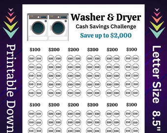 Washer & Dryer Savings Challenge Printable for Home Laundry Room Appliances Cash Stuffing Fund for Home Improvement Money Saving Budget