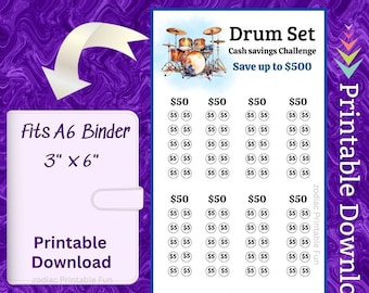 A6 Drum Set Cash Savings Challenge Printable Budget Binder Insert for Adult Drummer Gift for Teen 13th Birthday Present