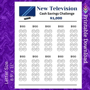 Könnte beinhalten: Eine druckbare Tabelle für eine Barsparanlage, um 1.000 € für einen neuen Fernseher zu sparen. Die Tabelle ist in fünf Spalten unterteilt, jede mit einem Ziel von 100 €. Jede Spalte hat zehn Zeilen, jede mit zwei Kreisen, um 10 € Ersparnisse zu verfolgen.