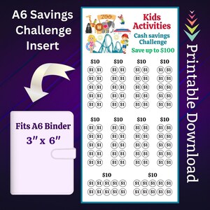 May include: A printable chart for kids to track their savings. The chart features a colorful illustration of a zoo and a roller coaster. The chart is designed to fit a 6-ring binder and is 3 inches by 6 inches. The chart has spaces for kids to track their savings in $1 increments up to $100.