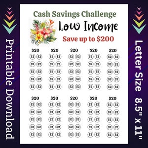 Puede incluir: Un gr&aacute;fico de desaf&iacute;o de ahorro de efectivo imprimible para personas de bajos ingresos. El gr&aacute;fico est&aacute; dise&ntilde;ado para ayudar a las personas a ahorrar hasta 200 &euro;. Presenta un dise&ntilde;o floral y el texto "Cash Savings Challenge Low Income Save up to &euro;200".